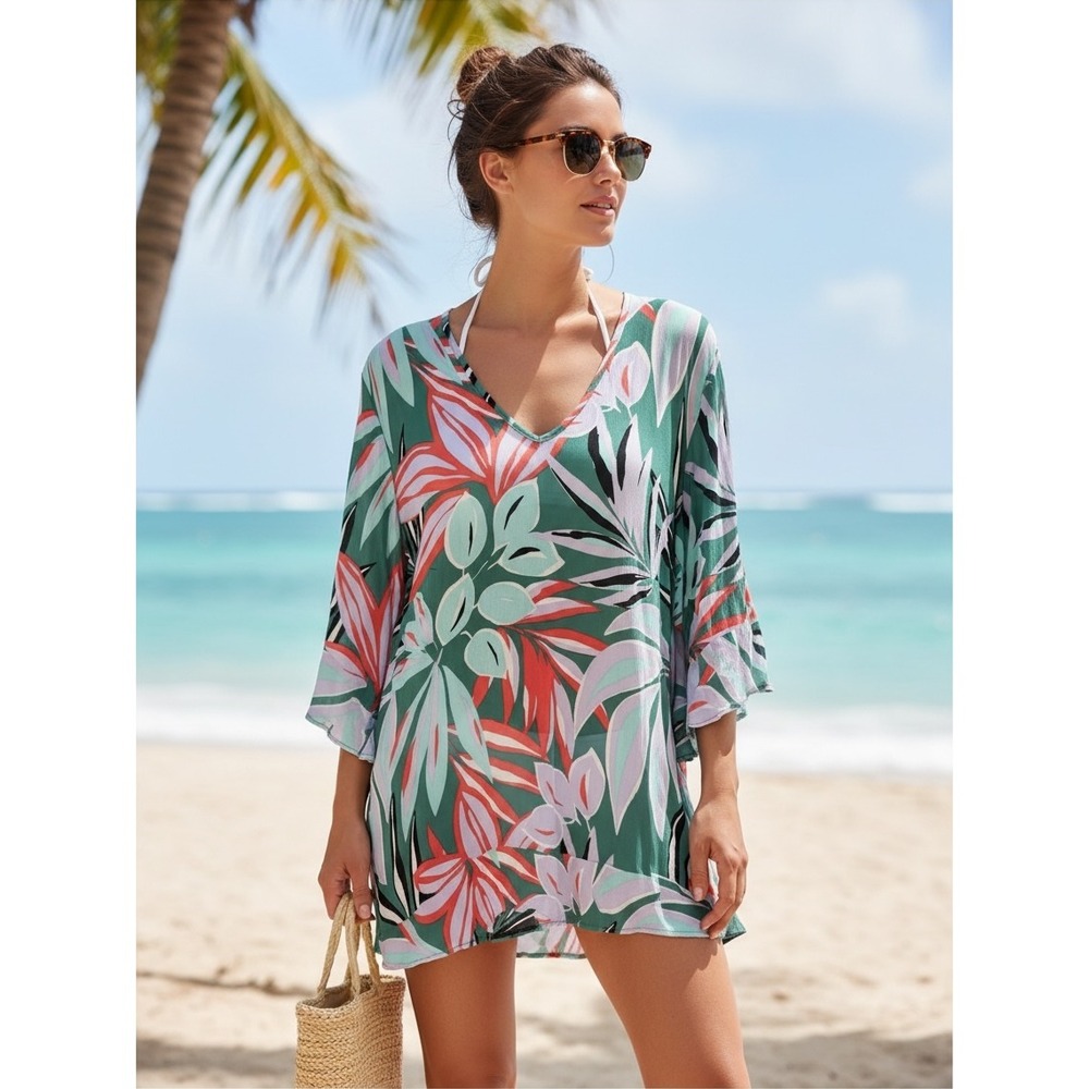 Anne Cole Zesty Trop Floral Tunic Cover Up Bell Sleeve V Neck XS S NWT